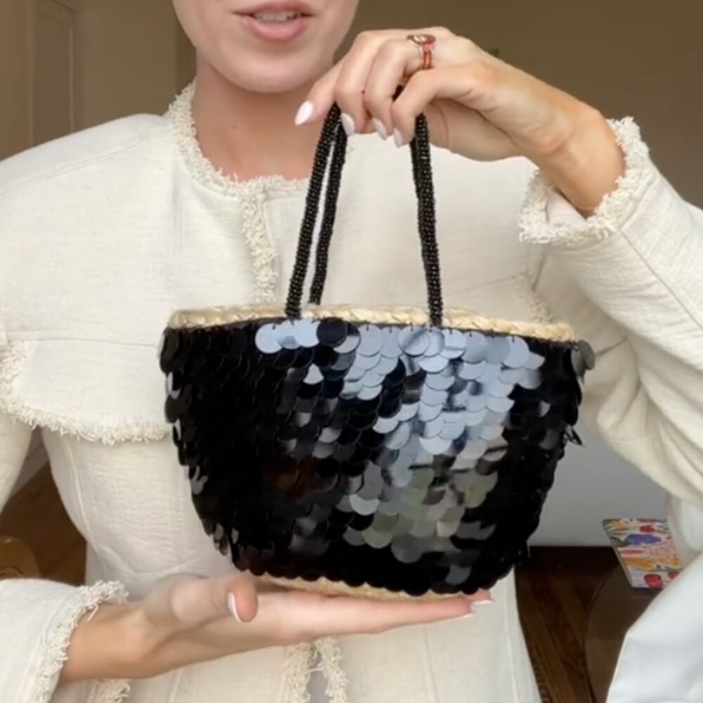 Zara Black Sequin Straw Mini Bag